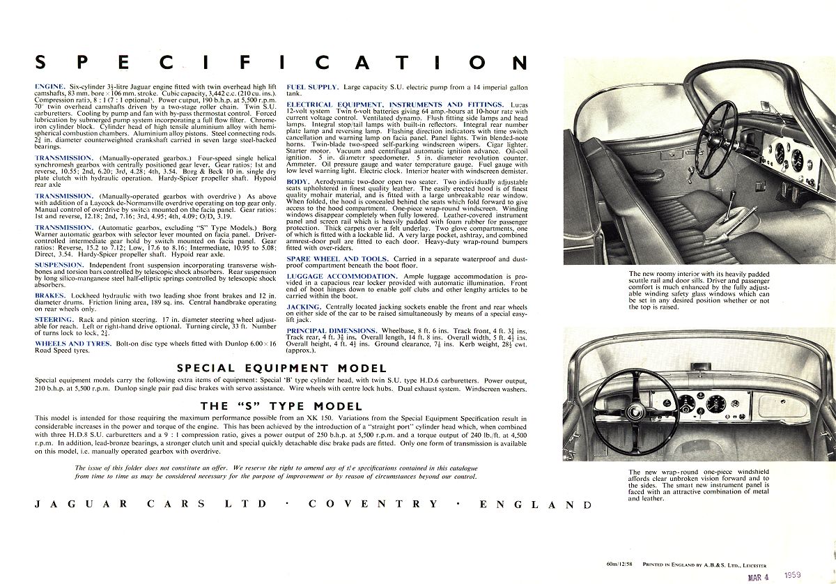 JAGUAR XK150/XK-150 SPEC SHEET/Brochure/Catalog:1958 